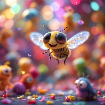 The primary subject of the image is a yellow and black bee flying through a colorful, confetti-filled environment. The setting appears to be a playful and vibrant scene, possibly a children's party or a creative artwork. The visual style of the image is a combination of photo and digital art, creating a unique and eye-catching effect. The colors and mood of the image are predominantly bright and cheerful, with the yellow and black bee being the focal point of the scene.